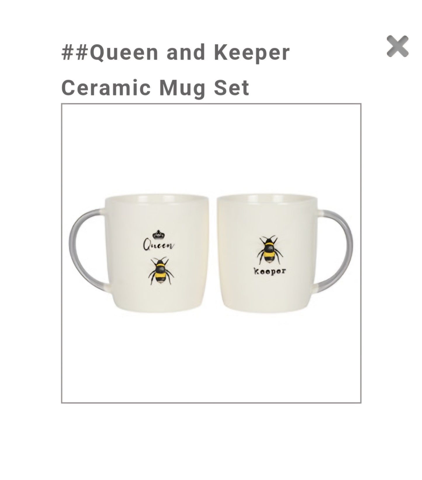 Bee Couple Mug Set Queen and Keeper New Bone China