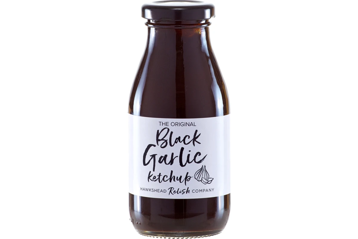 The Original Black Garlic Ketchup bottle on a white background